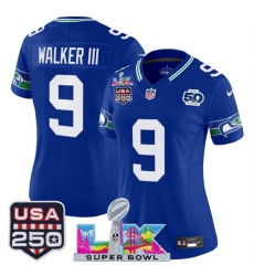 Women's Seattle Seahawks #9 Kenneth Walker III Royal 2025 F.U.S.E. Super Bowl LX And 50th Season & USA 250 Vapor Throwback Limited Stitched Football Jersey