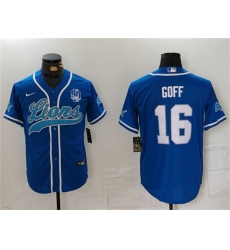 Men's Detroit Lions #16 Jared Goff Blue With 90th Anniversary Cool Base Stitched Baseball Jersey