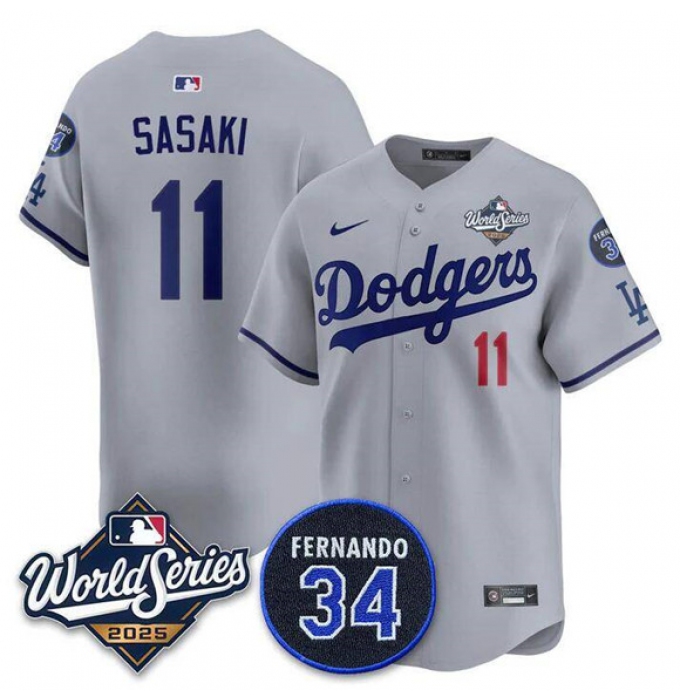 Men's Los Angeles Dodgers #11 Rōki Sasaki Gray 2025 World Series With No. 34 Limited Stitched Jersey