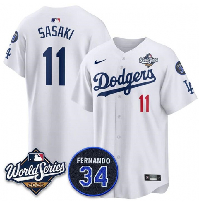 Men's Los Angeles Dodgers #11 Rōki Sasaki White 2025 World Series With No. 34 Limited Stitched Jersey