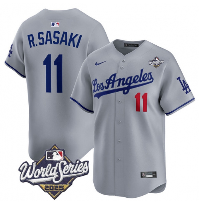 Men's Los Angeles Dodgers #11 Roki Sasaki Gray 2025 World Series Stitched Baseball Jersey