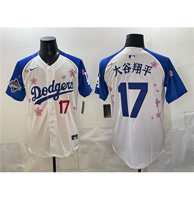 Men's Los Angeles Dodgers #17 大谷翔平 White Royal 2025 World Series Champions Tokyo Series Limited Stitched Baseball Jersey