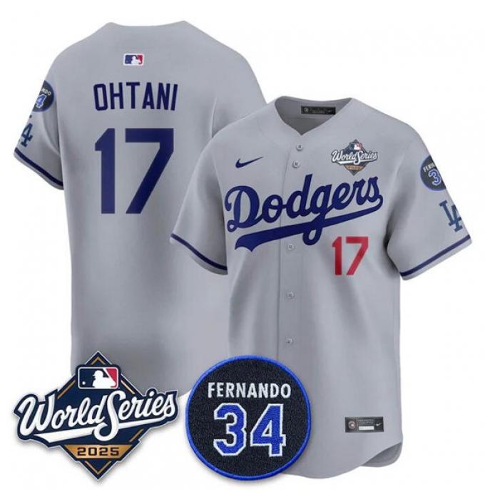 Men's Los Angeles Dodgers #17 Shohei Ohtani Gray 2025 World Series With No. 34 Limited Stitched Jersey
