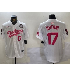 Men's Los Angeles Dodgers #17 Shohei Ohtani Number White Pink 2024 World Series Limited Cool Base Stitched Jersey