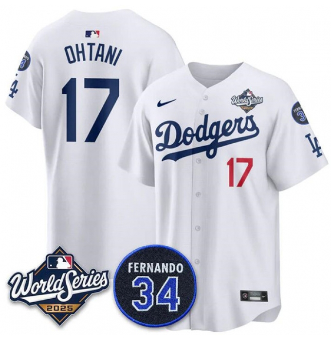 Men's Los Angeles Dodgers #17 Shohei Ohtani White 2025 World Series With No. 34 Limited Stitched Jersey