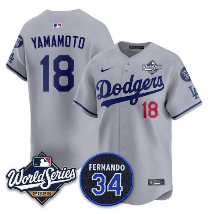Men's Los Angeles Dodgers #18 Yoshinobu Yamamoto Gray 2025 World Series With No. 34 Limited Stitched Jersey
