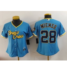 Women's Milwaukee Brewers #28 Joey Wiemer Blue 2022 City Connect Cool Base Stitched Jersey