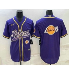 Men's Los Angeles Lakers Purple Team Big Logo With Cool Base Stitched Baseball Jersey