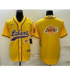 Men's Los Angeles Lakers Yellow Team Big Logo With Cool Base Stitched Baseball Jersey