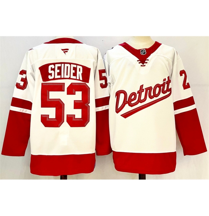 Men's Detroit Red Wings #53 Moritz Seider White Red 2024-25 Stitched Jersey