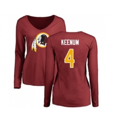 Football Women's Washington Redskins #4 Case Keenum Maroon Name & Number Logo Long Sleeve T-Shirt