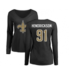 Football Women's New Orleans Saints #91 Trey Hendrickson Black Name & Number Logo Slim Fit Long Sleeve T-Shirt