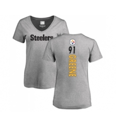 Football Women's Pittsburgh Steelers #91 Kevin Greene Ash Backer V-Neck T-Shirt