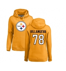 Football Women's Pittsburgh Steelers #78 Alejandro Villanueva Gold Name & Number Logo Pullover Hoodie
