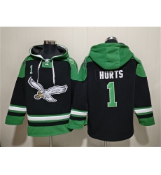 Men's Philadelphia Eagles #1 Jalen Hurts Black Ageless Must-Have Lace-Up Pullover Hoodie