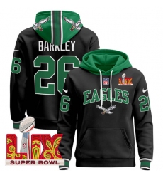 Men's Philadelphia Eagles #26 Saquon Barkley Black 2025 Super Bowl LIX Patch Pullover Stitched Hoodie