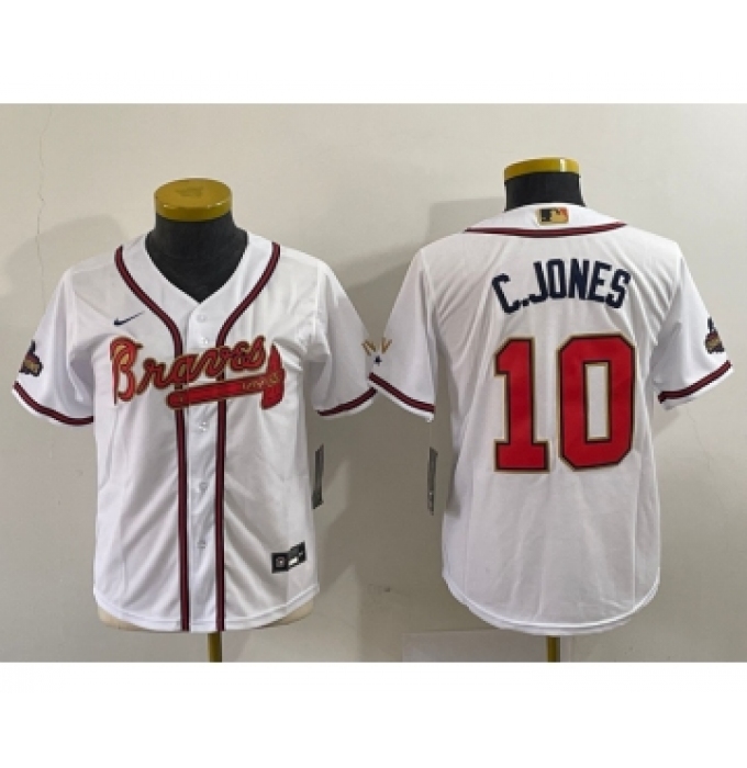 Youth Atlanta Braves #10 Chipper Jones 2022 White Gold World Series Champions Cool Base Stitched Jersey