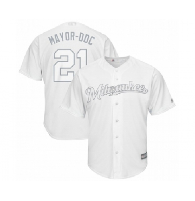 Men's Milwaukee Brewers #21 Travis Shaw  Mayor-DDC  Authentic White 2019 Players Weekend Baseball Jersey