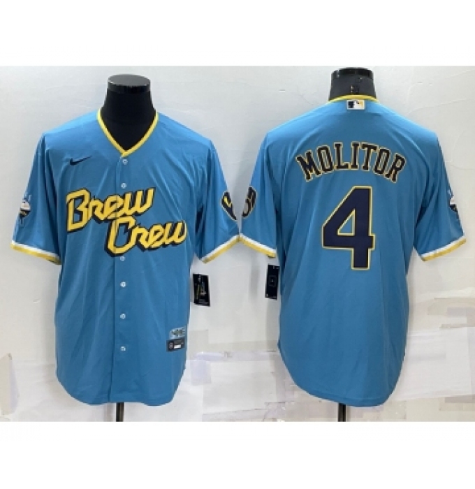 Men's Milwaukee Brewers #4 Paul Molitor Blue 2022 City Connect Cool Base Stitched Jersey