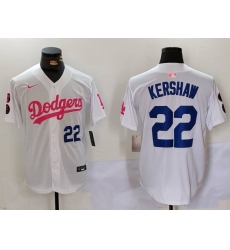 Men's Los Angeles Dodgers #22 Clayton Kershaw White Pink Vin & Kobe Stitched Baseball Jersey 1