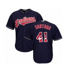 Men's Cleveland Indians #41 Carlos Santana Authentic Navy Blue Team Logo Fashion Cool Base Baseball Jersey