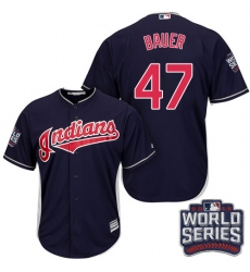 Youth Majestic Cleveland Indians #47 Trevor Bauer Authentic Navy Blue Alternate 1 2016 World Series Bound Cool Base MLB Jersey