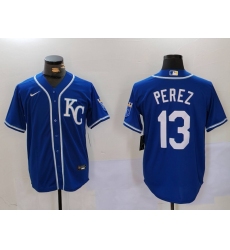 Men's Kansas City Royals #13 Salvador Perez Blue KC Cool Base Stitched Jersey