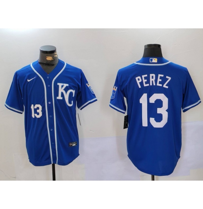 Men's Kansas City Royals #13 Salvador Perez Number Blue KC Cool Base Stitched Jersey