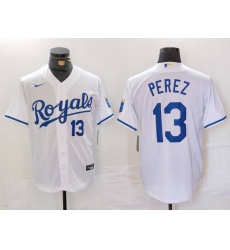 Men's Kansas City Royals #13 Salvador Perez Number White Cool Base Stitched Jersey