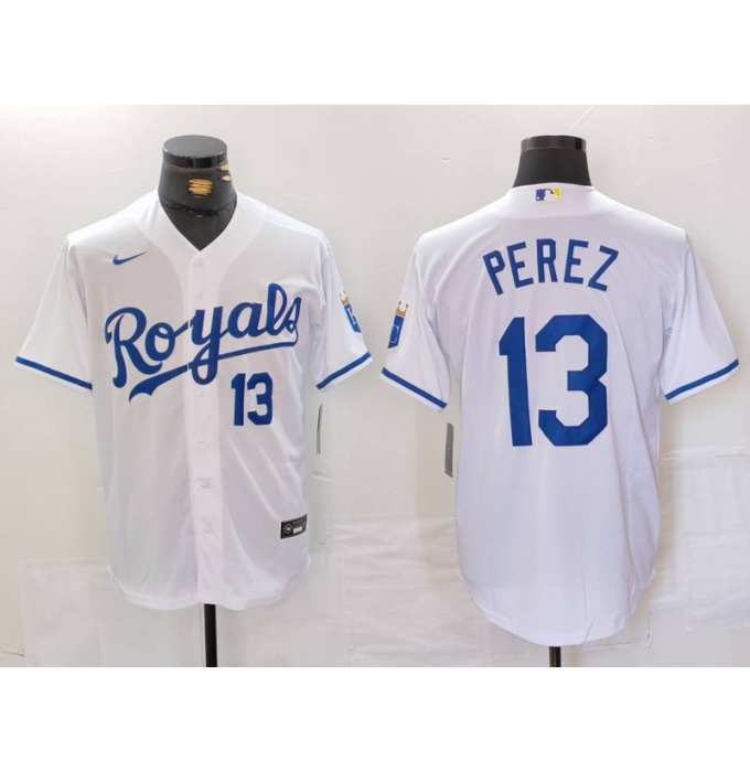 Men's Kansas City Royals #13 Salvador Perez Number White Cool Base Stitched Jersey