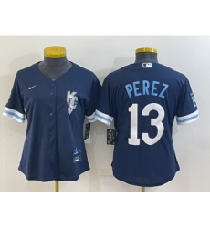 Women's Kansas City Royals #13 Salvador Perez 2022 Navy Blue City Connect Cool Base Stitched Jersey