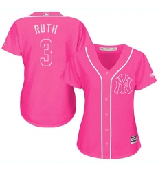 Women's Majestic New York Yankees #3 Babe Ruth Authentic Pink Fashion Cool Base MLB Jersey