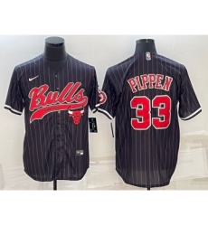 Men's Chicago Bulls #33 Scottie Pippen Black Pinstripe With Patch Cool Base Stitched Baseball Jersey