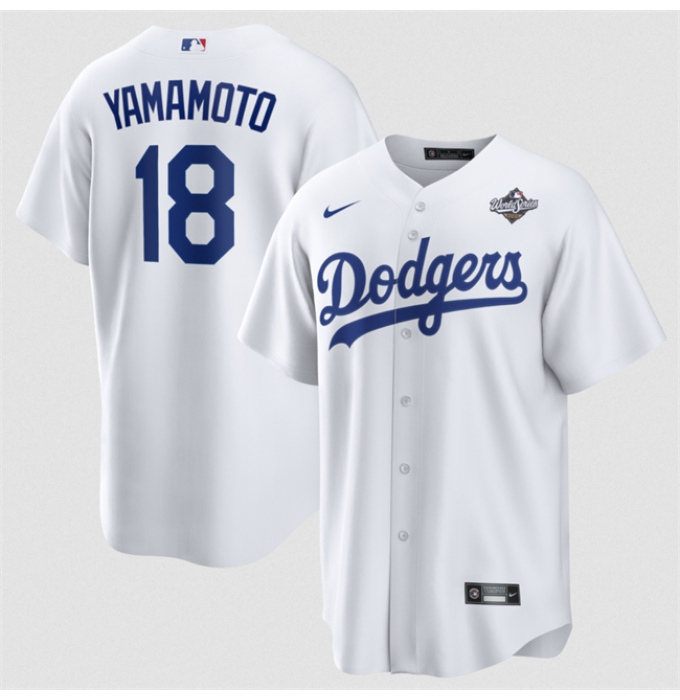 Men's Los Angeles Dodgers #18 Yoshinobu Yamamoto White 2025 World Series Home Cool Base Stitched Baseball Jersey