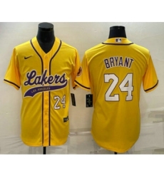 Men's Los Angeles Lakers #24 Kobe Bryant Number Yellow With Cool Base Stitched Baseball Jersey