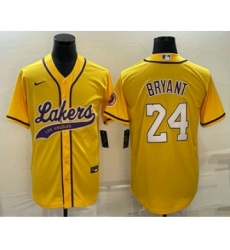 Men's Los Angeles Lakers #24 Kobe Bryant Yellow With Cool Base Stitched Baseball Jersey