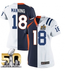Women's Nike Denver Broncos #18 Peyton Manning Limited Orange/Royal Blue Split Fashion Super Bowl 50 Bound NFL Jersey