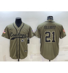 Men's Dallas Cowboys #21 Ezekiel Elliott 2022 Olive Salute to Service Cool Base Stitched Baseball Jersey