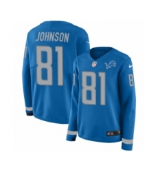 Women's Nike Detroit Lions #81 Calvin Johnson Limited Blue Therma Long Sleeve NFL Jersey